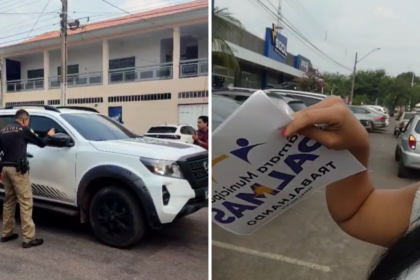 eleitores-protestam-e-tentam-colar-adesivos-para-identificar-caminhonetes-alugadas-por-r$-2,9-mi-para-vereadores-em-palmas