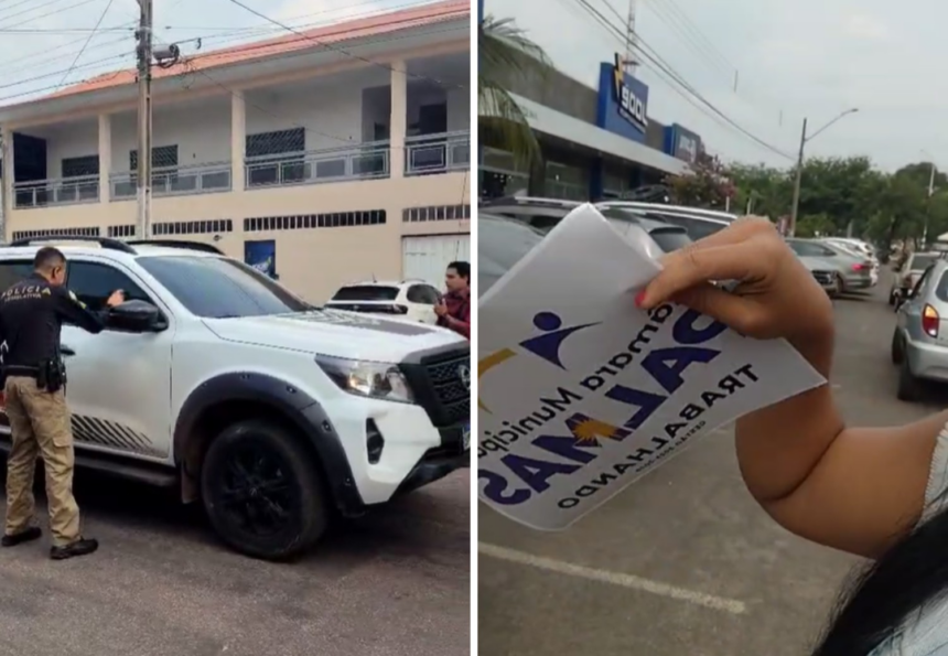 eleitores-protestam-e-tentam-colar-adesivos-para-identificar-caminhonetes-alugadas-por-r$-2,9-mi-para-vereadores-em-palmas