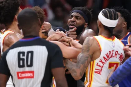 clima-esquentou-nos-playoffs-da-nba-em-atlanta;-arbitro-acabou-no-chao